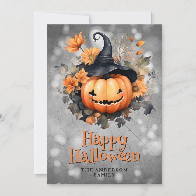 Pumpkin i ett Hat Flowers Happy halloween Card Julkort (Framsida)