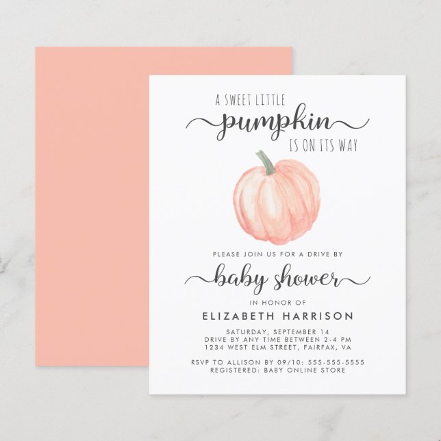 Pumpkin-inbjudan till Orangen Drive by Baby Shower (Fram/baksida)