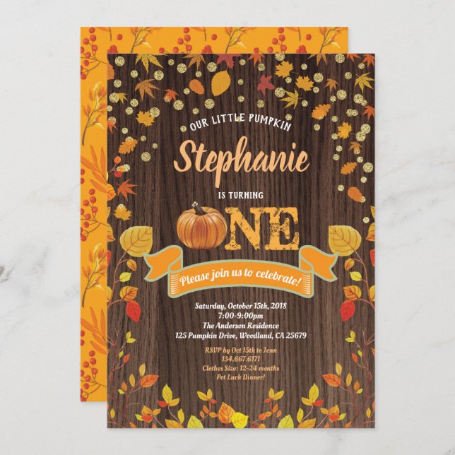 Pumpkin inbjuds på födelsedagen. Rustiskt trä Inbjudningar (Fram/baksida)