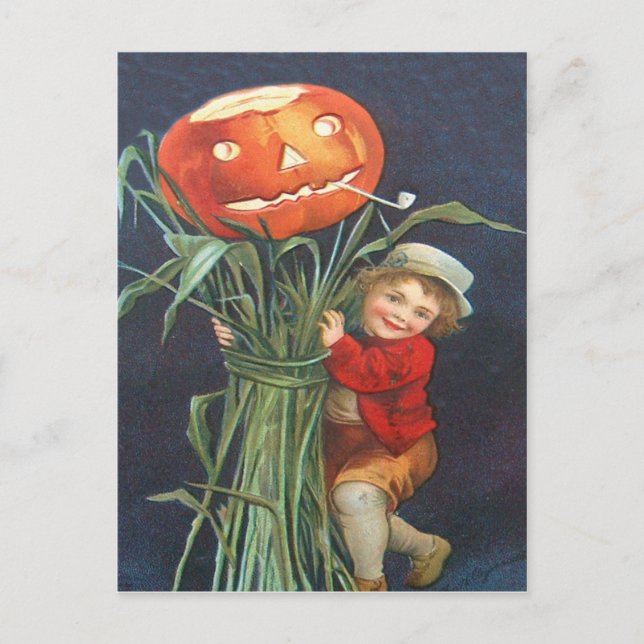 Pumpkin Jack o lantern Cornstalk Boy Vykort (Framsida)