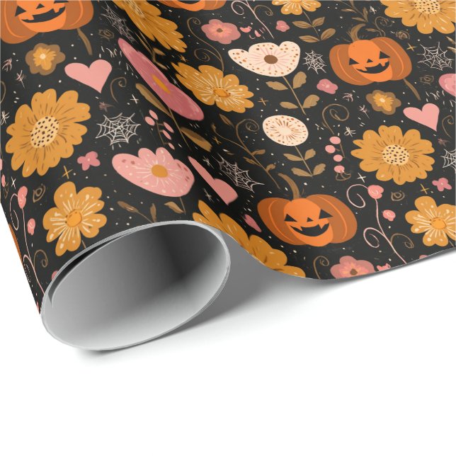 Pumpkin Kärlek med hearts och Flowers Presentpapper (Rullad Hörn)