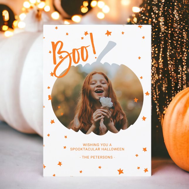 Pumpkin klipper ut fotot för den vita orangen Hall Kort (Pumpkin cut out boo Halloween white orange photo Card)