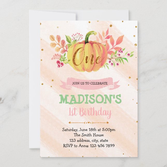 Pumpkin-kort för första födelsedag inbjudningar (Framsida)