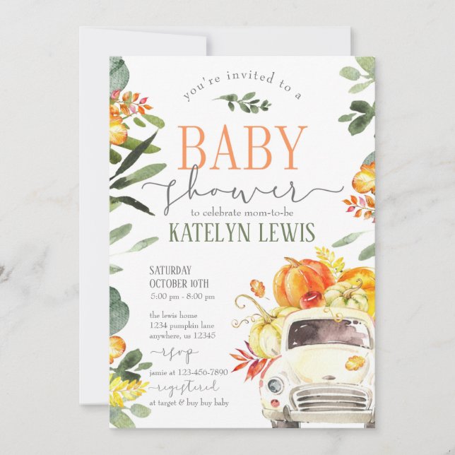 Pumpkin Lastbil Baby Shower-inbjudan till Greenery Inbjudningar (Framsida)