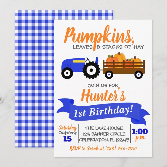 Pumpkin Lastbil Birthday bjudande - Blue Tractor Inbjudningar (Fram/baksida)