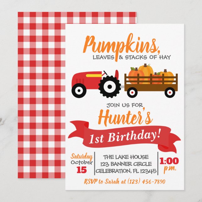 Pumpkin Lastbil Birthday bjudande - Red Tractor Inbjudningar (Fram/baksida)