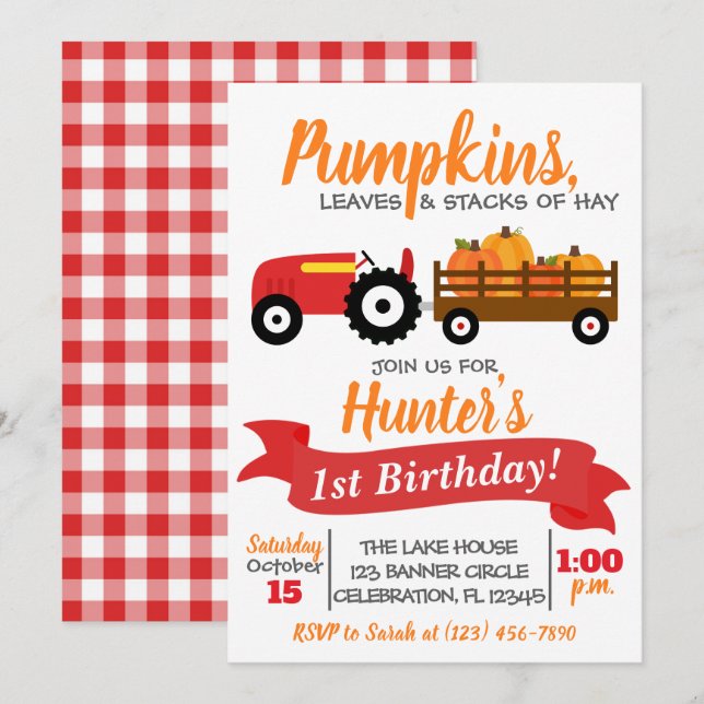 Pumpkin Lastbil Birthday bjudande - Red Tractor Inbjudningar (Fram/baksida)