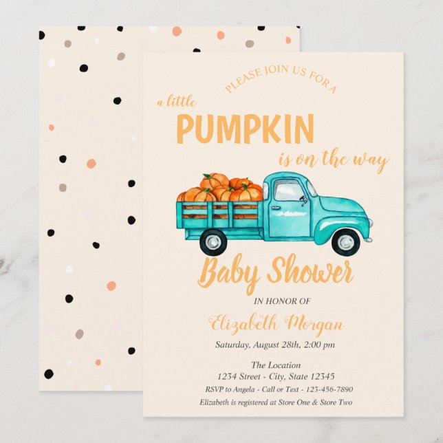 Pumpkin Lastbil ,Dots Baby Shower Inbjudningar (Fram/baksida)