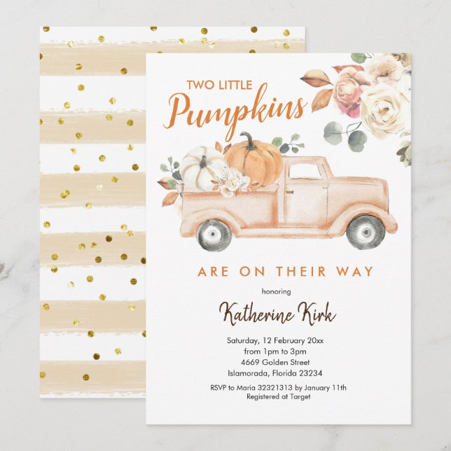Pumpkin Lastbil Twillingar Blommigt Baby Shower-in Inbjudningar (Fram/baksida)