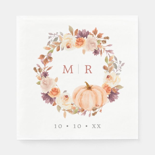Pumpkin & Lila Blommigt Utandning Monogram Bröllop Pappersservett (Framsidan)