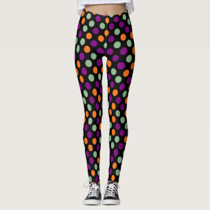 Pumpkin, Lila, Grönt och Black Färg Polka dots Leggings