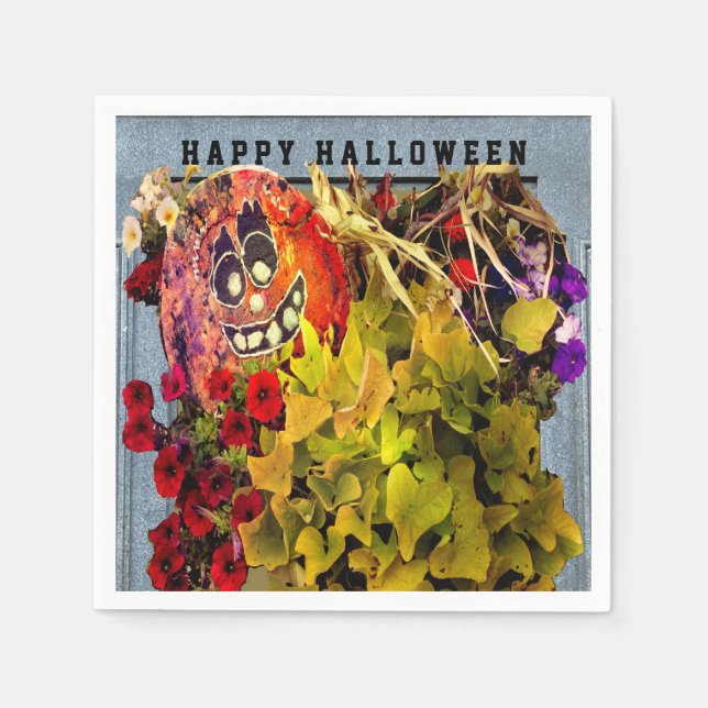 Pumpkin lycklig ansikte och blommor pappersservett (Framsidan)