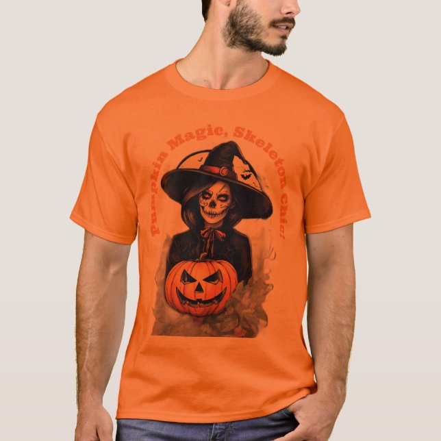 Pumpkin Magic, Skeleton Chic – Halloween Witch  T Shirt (Framsida)