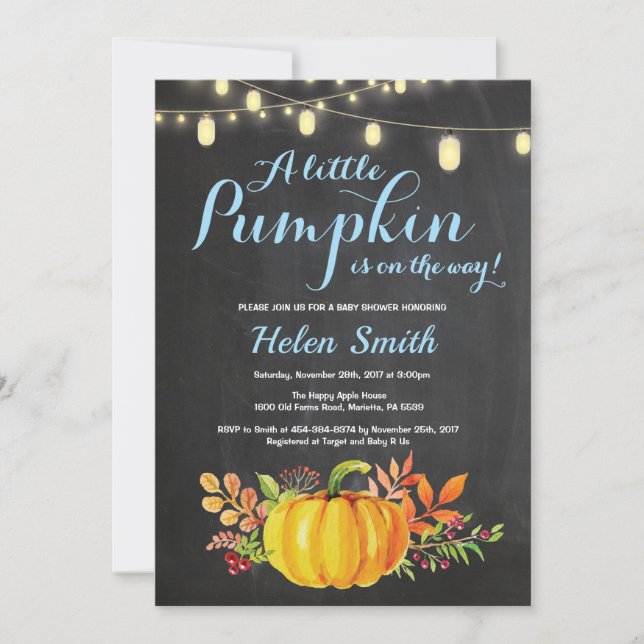 Pumpkin Mason Burk String Ljus Boy Shower Inbjudningar (Framsida)