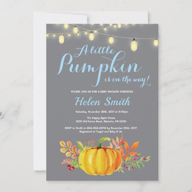 Pumpkin Mason Burk String Ljus Boy Shower Inbjudningar (Framsida)