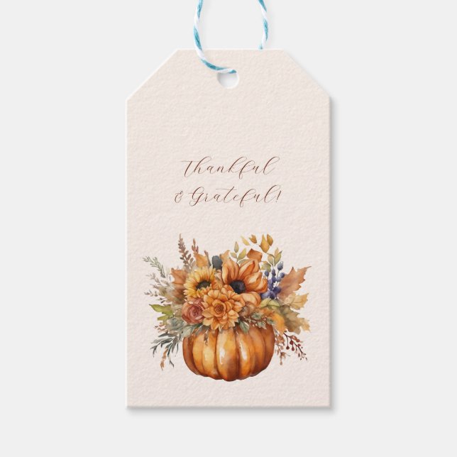 Pumpkin med Blommor-tack och tacksamhet Presentetikett (Framsidan)