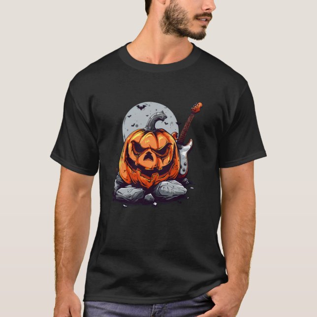 Pumpkin med elektrisk gitarr för att rocka Hallowe T Shirt (Framsida)