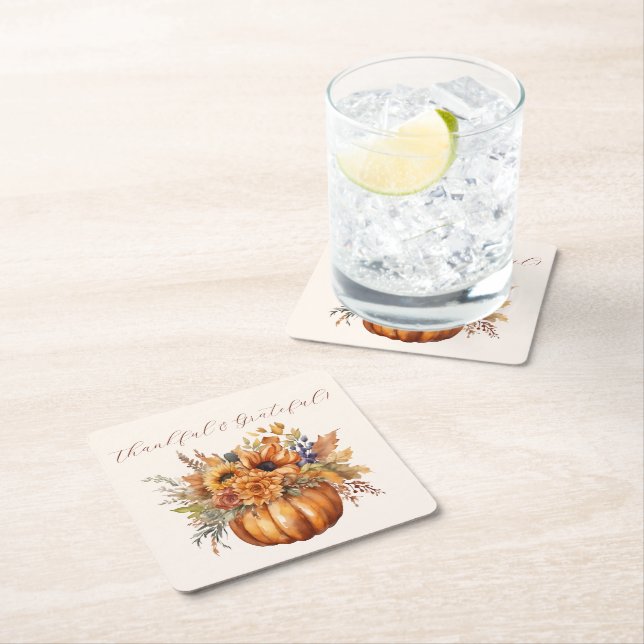 Pumpkin med Flowers-Thankful och Gratthy- Underlägg Papper Kvadrat (Insitu)
