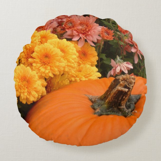 Pumpkin med Gult och korall Morsa Rund Kudde (Framsidan)