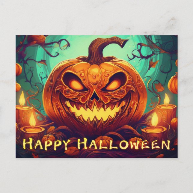 Pumpkin med Scary Ansikte Bland ljus, Halloween Helg Vykort (Framsida)