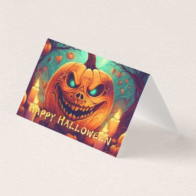Pumpkin med Scary Ansikte Bland ljus, Halloween Kort (Framsida)