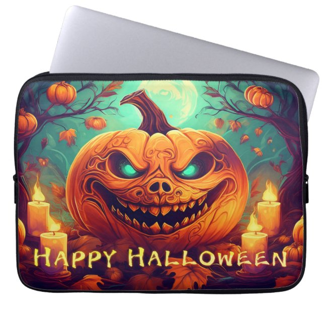 Pumpkin med Scary Ansikte Bland ljus, Halloween Laptop Fodral (Framsidan)