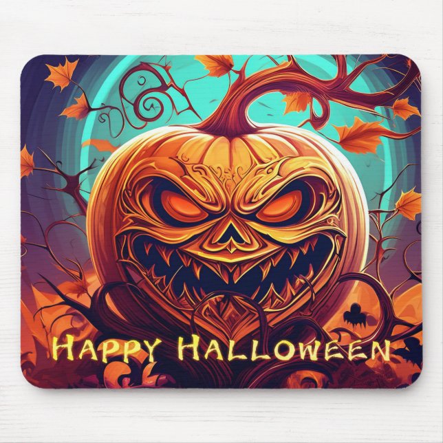 Pumpkin med Scary Ansikte Bland ljus, Halloween Musmatta (Framsidan)