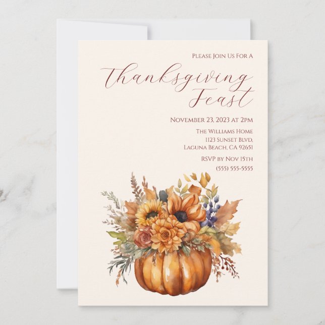 Pumpkin med thanksgiving-Elegant-blommor- Inbjudningar (Framsida)