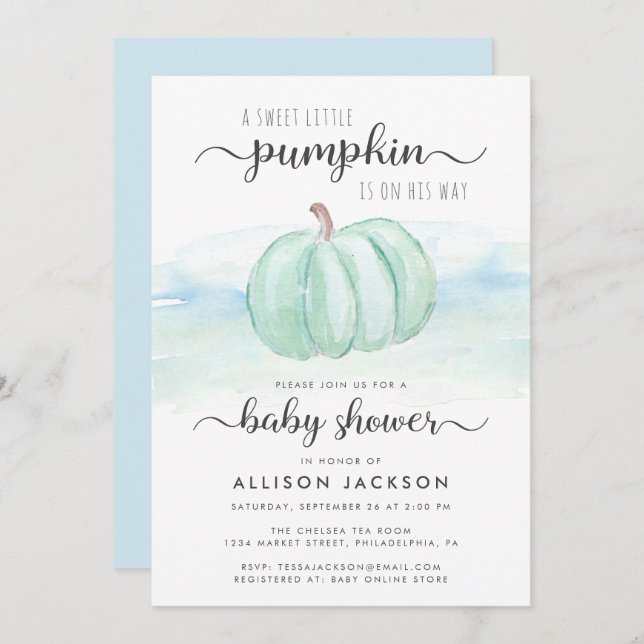 Pumpkin Mint Blue Watercolor Pojke Shower Inbjudningar (Fram/baksida)