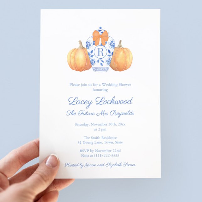 Pumpkin Monogram Future Mrs Möhippa Inbjudningar (Preppy Bridal Shower Invite with watercolor ginger jar with monogram and orange bow and pumpkins)
