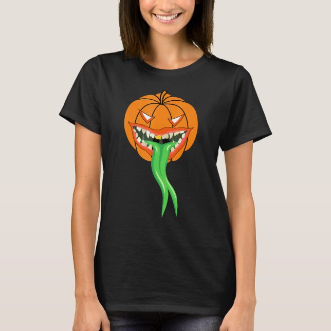 Pumpkin Monster Grönt Tunga Halloween T Shirt (Framsida)
