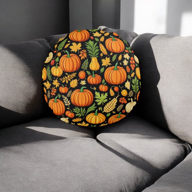 Pumpkin Mönster-skördedagen höstdekretet Rund Kudde (Skapare uppladdad)
