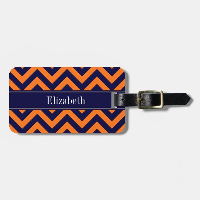 Pumpkin Navy LG Chevron Navy Blue Namn Monogram Bagagebricka (Horisontell Framsida)
