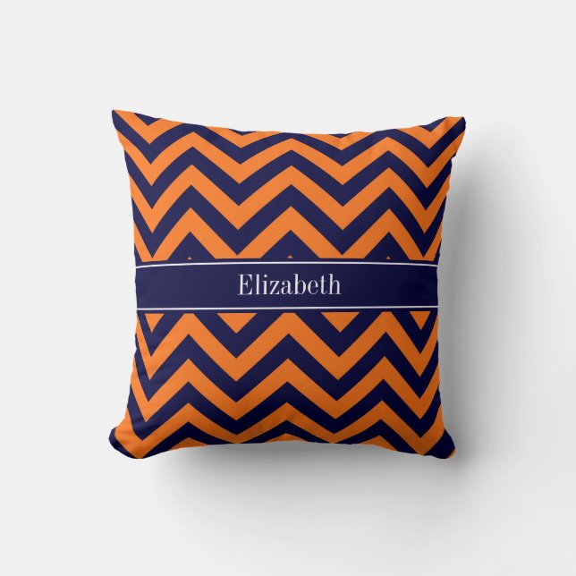 Pumpkin Navy LG Chevron Navy Blue Namn Monogram Kudde (Framsida)