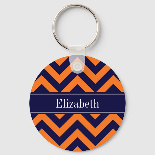 Pumpkin Navy LG Chevron Navy Blue Namn Monogram Nyckelring (Framsida)