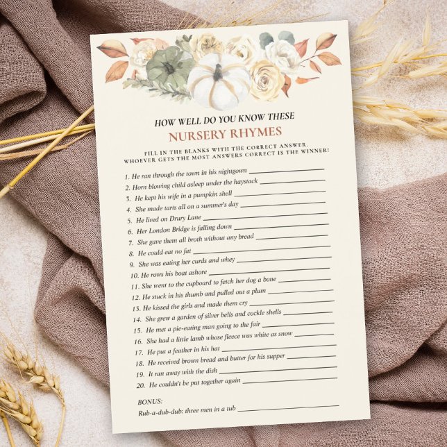 Pumpkin Nursery Rhyme Baby Shower-spel (A baby shower nursery rhyme game with a pumpkin theme is a fun & entertaining activity for guests.)