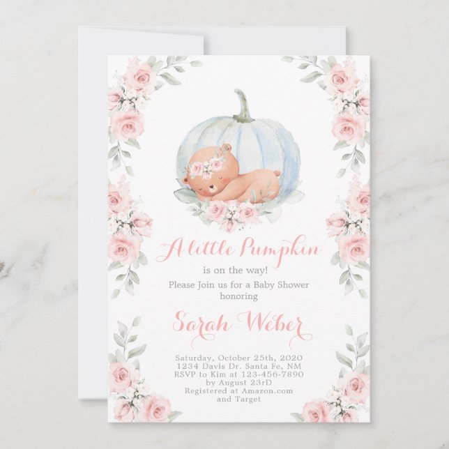 Pumpkin och Bear Baby Shower Girl Inbjudningar (Framsida)