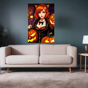 Pumpkin och dam med cat öron AI Art Poster