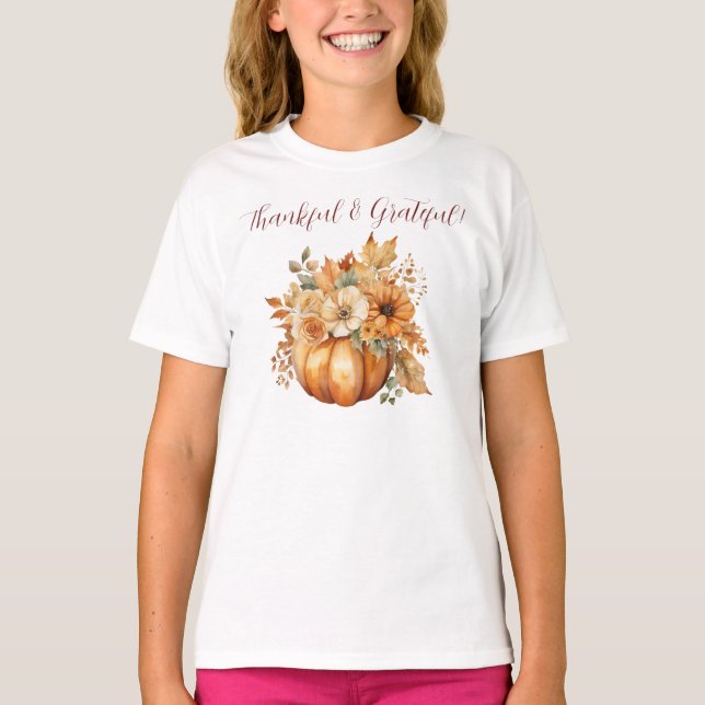 Pumpkin och Flowers-Thankful och tacksam T Shirt (Framsida)
