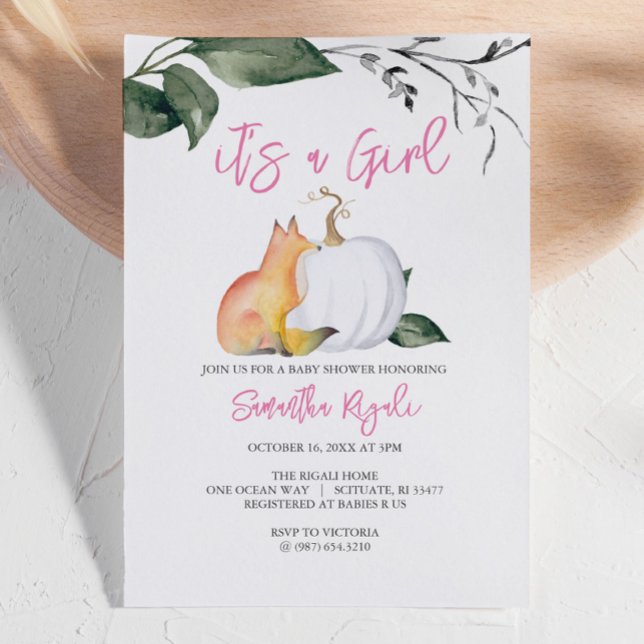 Pumpkin och Fox för inbjudningar till flicka (Autumn-themed baby shower invites white pumpkin with fox and foliage girl)