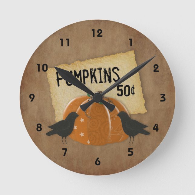 Pumpkin och Kråka Wall Clock Rund Klocka (Framsida)