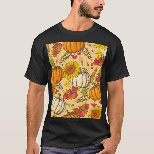 Pumpkin och Maple Lämnar Mönster. T Shirt (Framsida)