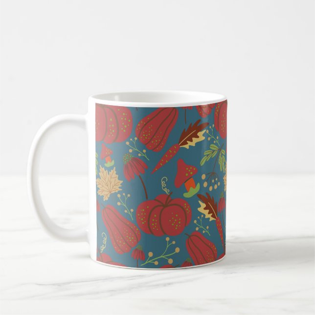 Pumpkin och morot, sömlös, röd och blå mönster kaffemugg (Vänster)