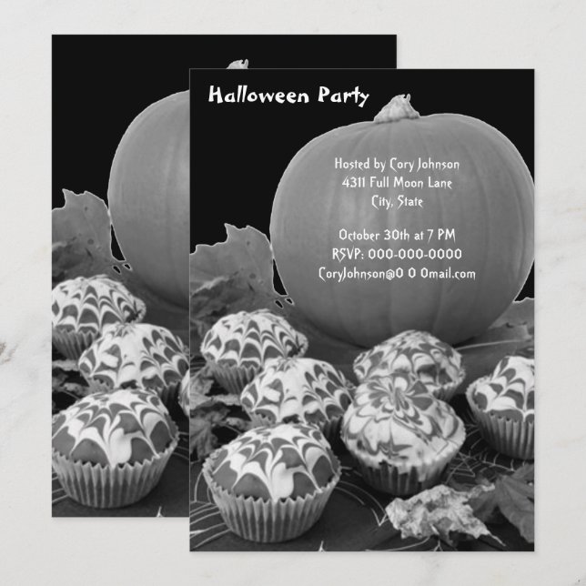 Pumpkin och Muffins Halloween fest B&W Inbjudan (Fram/baksida)