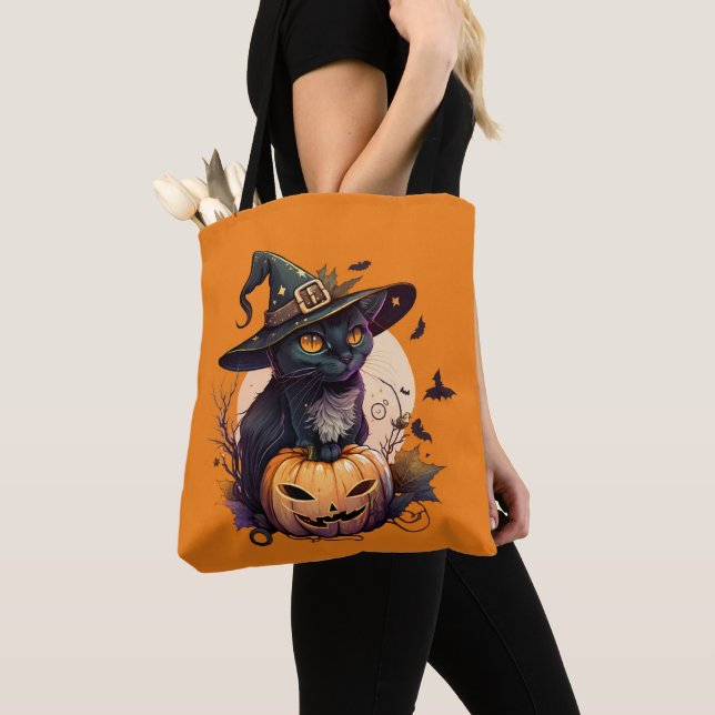 Pumpkin Orange Cat Lovers Halloween Black Cat Tygkasse (Närbild)