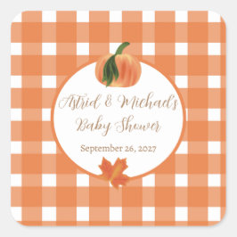 Pumpkin Orange Gingham Fall Baby Shower Fyrkantigt Klistermärke