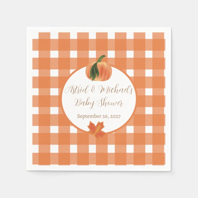 Pumpkin Orange Gingham Fall Baby Shower Pappersservett (Framsidan)