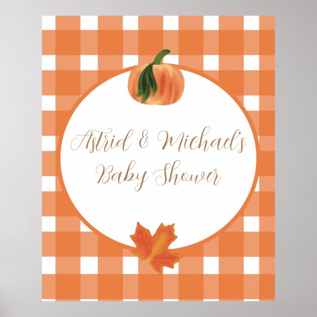 Pumpkin Orange Gingham Fall Baby Shower Poster (Framsidan)