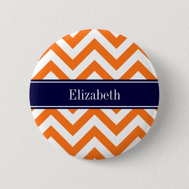 Pumpkin Orange Lg Chevron Navy Namn Monogram Knapp (Framsida)