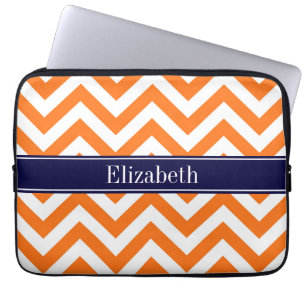Pumpkin Orange Lg Chevron Navy Namn Monogram Laptop Sleeve